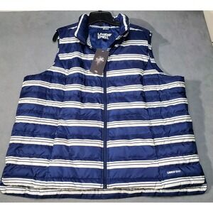 Lands End Down Puffer Vest Womens 1X Blue White Striped 600 Fill Outdoor Classic